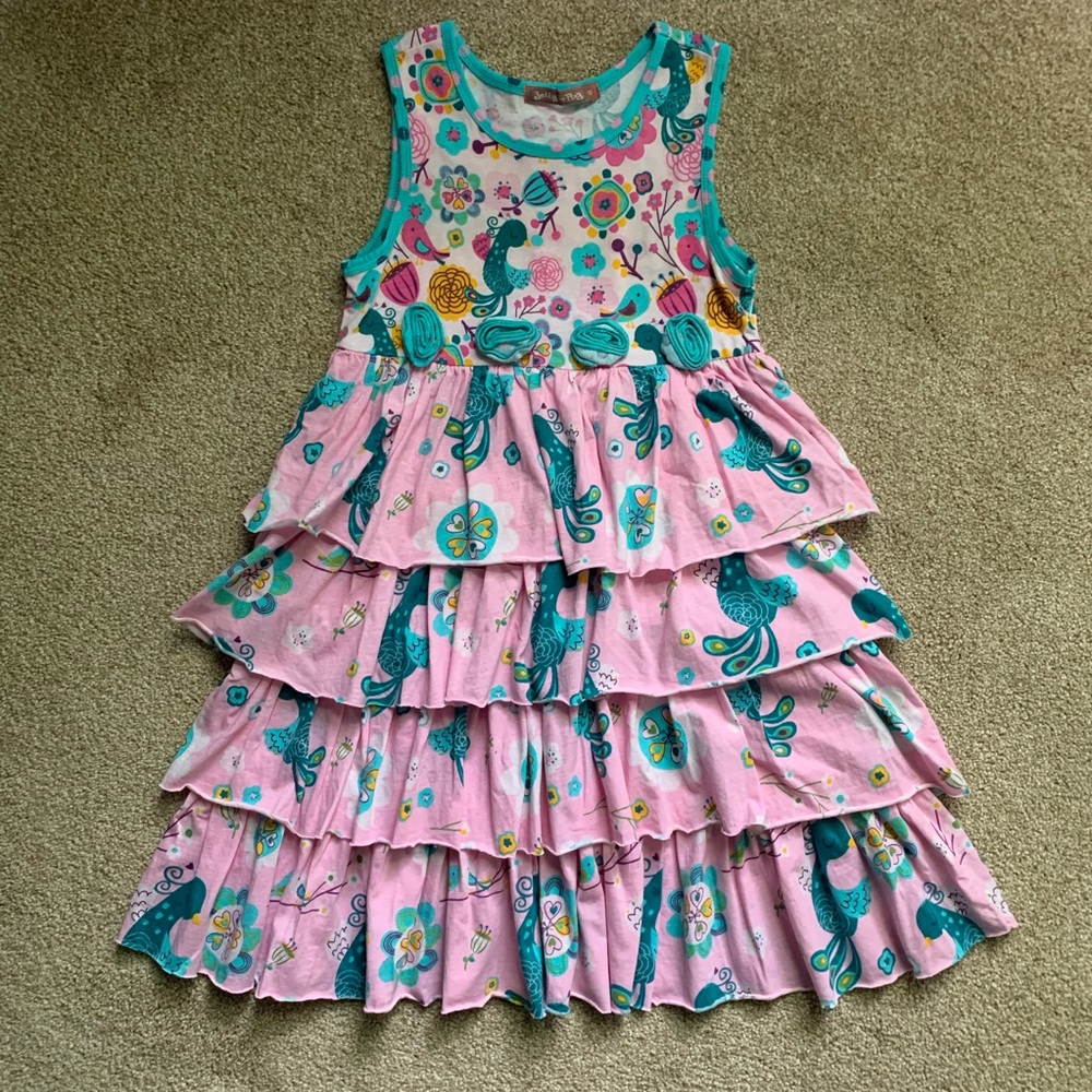 Jelly the Pug Peacock Tier Dress pink & teal Sz 10